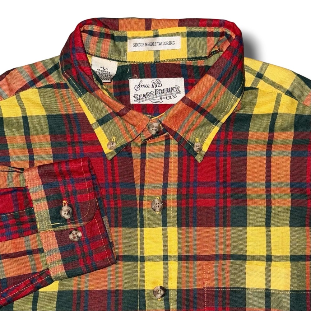 Vintage Sears Roebuck Plaid Button Down Shirt Mens Large Yellow Red Green 90s
